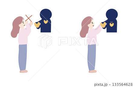 人の助けを拒絶する女性と受け取る女性の対比イラスト 133564628