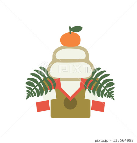 お正月飾り 鏡餅 二段重ねのお餅と裏白・橙・御幣・四方紅を三方にのせたイラスト お正月飾り 鏡餅 二段重ねのお餅と裏白・橙・御幣・四方紅を三方にのせたイラスト 133564988