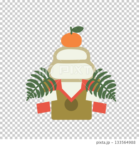 New Year's decorations: Kagami mochi - an illustration of two-tiered rice cakes with urashiro (back white), daidai (orange), gohei (sacred wand), and shihoko (red) on three sides 133564988