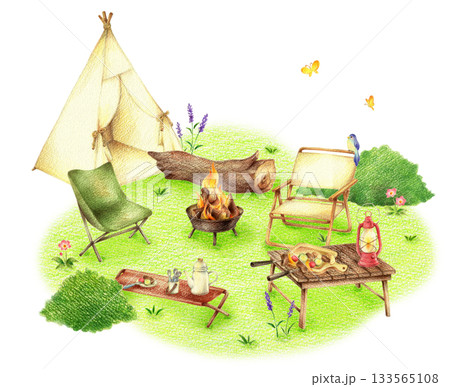 緑の野原のキャンプのバーベキュー 手描き色鉛筆画 緑の野原のキャンプのバーベキュー 手描き色鉛筆画 133565108
