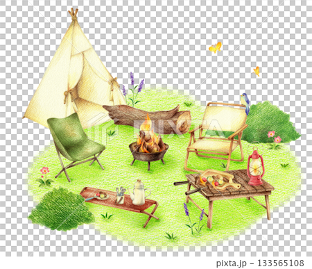 緑の野原のキャンプのバーベキュー 手描き色鉛筆画 緑の野原のキャンプのバーベキュー 手描き色鉛筆画 133565108