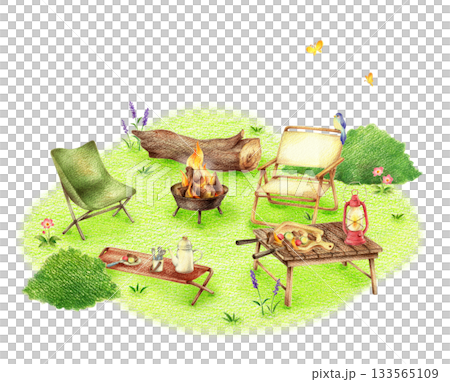緑の野原のバーベキュー 手描き色鉛筆画 緑の野原のバーベキュー 手描き色鉛筆画 133565109