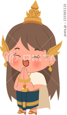 Adorable Thai Character Wai Greeting Asian Cultural Illustration for Festivals Adorable Thai Character Wai Greeting Asian Cultural Illustration for Festivals 133565110