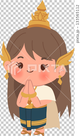 thai traditional costume cute asian girl wai gesture cartoon character cultural thailand illustration for festival and celebration themes 133565112