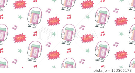 Retro 90s Cassette Player and Music Notes Pattern Retro 90s Cassette Player and Music Notes Pattern 133565178
