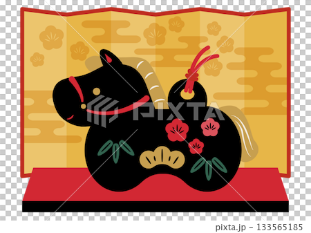 干支飾りの黒い午(うま)と金屏風 干支飾りの黒い午(うま)と金屏風 133565185