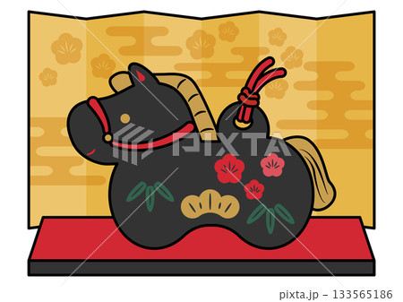 干支飾りの黒い午(うま)と金屏風_主線あり 干支飾りの黒い午(うま)と金屏風_主線あり 133565186