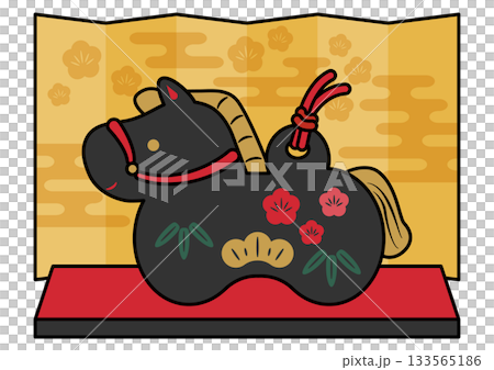 干支飾りの黒い午(うま)と金屏風_主線あり 干支飾りの黒い午(うま)と金屏風_主線あり 133565186