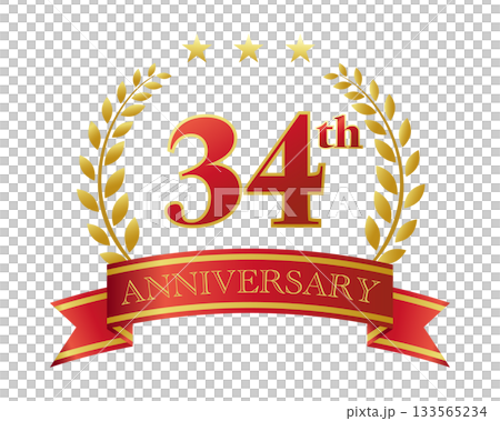34周年記念のアイコン。赤いリボンと装飾フレーム。 34周年記念のアイコン。赤いリボンと装飾フレーム。 133565234