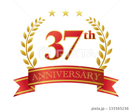 37周年記念のアイコン。赤いリボンと装飾フレーム。 133565236