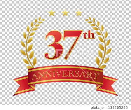 37周年記念のアイコン。赤いリボンと装飾フレーム。 133565236