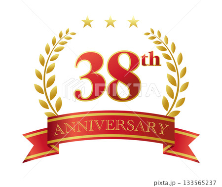 38周年記念のアイコン。赤いリボンと装飾フレーム。 133565237