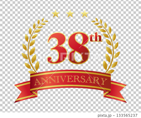 38周年記念のアイコン。赤いリボンと装飾フレーム。 133565237