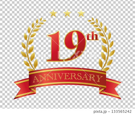19週年紀念圖示。紅色絲帶和裝飾框。 19週年紀念圖示。紅色絲帶和裝飾框。 133565242
