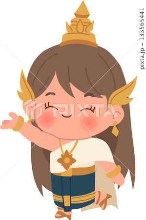 Cute thai dancer character in cultural outfit showing classical dance pose in charming kids illustration style 133565441