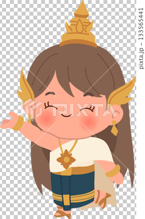 Cute thai dancer character in cultural outfit showing classical dance pose in charming kids illustration style Cute thai dancer character in cultural outfit showing classical dance pose in charming kids illustration style 133565441