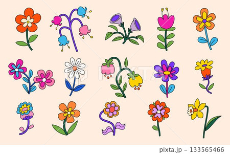 Groovy flower vector set with cute daisy patterns Groovy flower vector set with cute daisy patterns 133565466