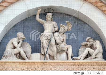 Lunette of the Resurrection, facade of San Petronio Basilica by Alfonso Lombardi in Bologna, Italy Lunette of the Resurrection, facade of San Petronio Basilica by Alfonso Lombardi in Bologna, Italy 133565603