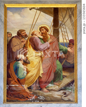 The fresco with the image of the life of St. Paul: Paul Leaves Miletus, basilica of Saint Paul Outside the Walls, Rome, Italy The fresco with the image of the life of St. Paul: Paul Leaves Miletus, basilica of Saint Paul Outside the Walls, Rome, Italy 133565604