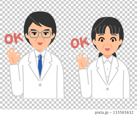 Illustration of a man and woman in white coats making an OK sign 133565632