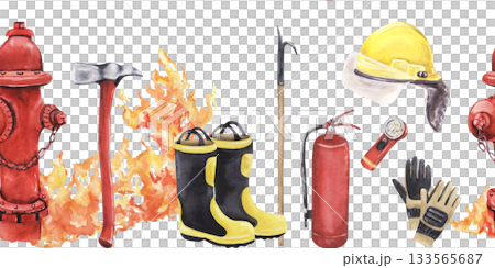 Watercolor firefighting equipment seamless border illustration 133565687