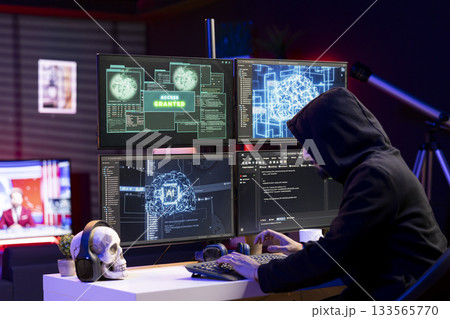 Rogue technician getting access granted message after using AI malware undetectable by antivirus. Hooded hacker breaching firewall security using artificial intelligence data mining script Rogue technician getting access granted message after using AI malware undetectable by antivirus. Hooded hacker breaching firewall security using artificial intelligence data mining script 133565770