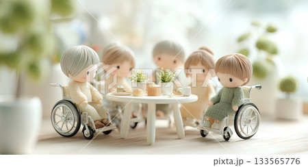 車椅子の子供たちの楽しい語らいの風景／まみおデザイン福祉シリーズ 133565776