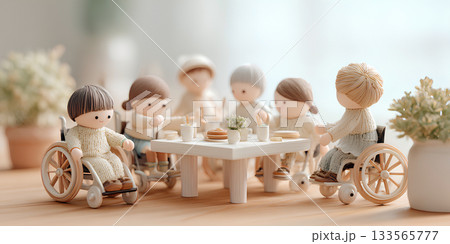 車椅子の子供たちの楽しい語らいの風景／まみおデザイン福祉シリーズ 133565777