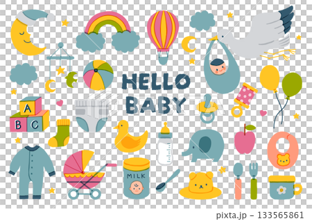 Hand-drawn illustration set of baby products (childcare, childbirth, baby goods) Hand-drawn illustration set of baby products (childcare, childbirth, baby goods) 133565861