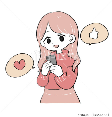 スマホを見る女性のイラスト スマホを見る女性のイラスト 133565881