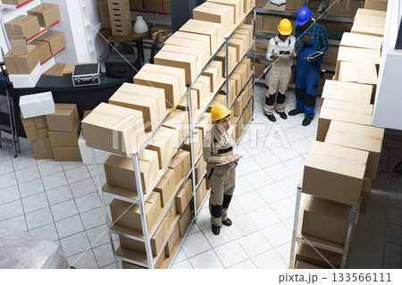 Diverse employees group preparing parcels and managing stock in an organized warehouse depot facility. Logistics center staff supports retail distribution and operational effectiveness. Diverse employees group preparing parcels and managing stock in an organized warehouse depot facility. Logistics center staff supports retail distribution and operational effectiveness. 133566111