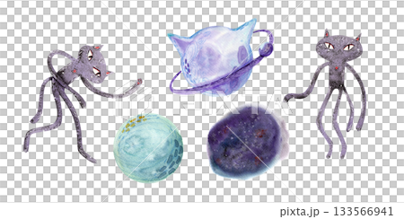 A set of space-themed watercolor illustrations in purple and blue colors for children's and holiday textile and printed design. A set of space-themed watercolor illustrations in purple and blue colors for children's and holiday textile and printed design. 133566941