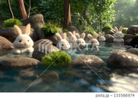 可愛いウサギたちが楽しむ温泉風景（3D）／まみおデザイン癒しの動物シリーズ 133566974