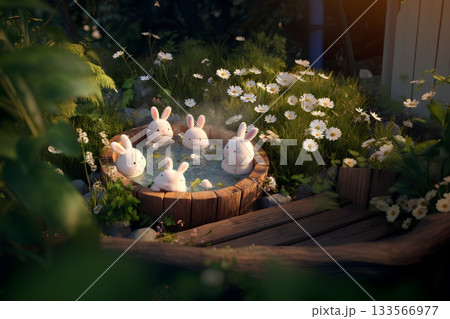 可愛いウサギたちが楽しむ温泉風景（3D）／まみおデザイン癒しの動物シリーズ 133566977