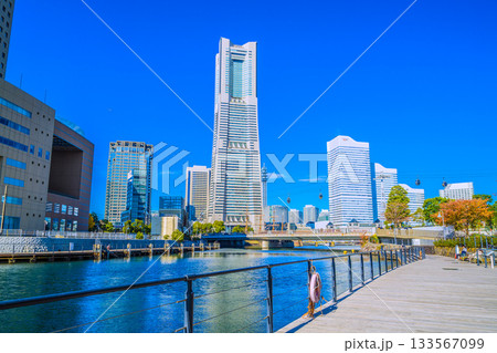 日本の横浜都市景観11月26日。桜木町駅前。横浜ランドマークタワーや日本丸などを望む。明日へ 133567099