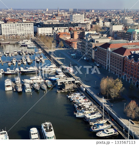 Antwerp city waterfront marina aerial view, boats moored along the docks, historic architecture in background 133567113