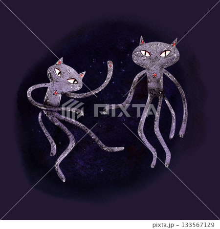 Watercolor children's illustration with two space cartoon purple cats in space on a dark purple background. 133567129