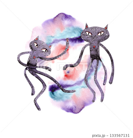 Watercolor children's illustration with two space cartoon purple cats in space on a light blurred background. Watercolor children's illustration with two space cartoon purple cats in space on a light blurred background. 133567131