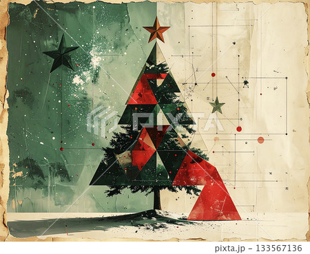 幾何学的な構成と深い緑・鮮やかな赤が織りなす、ヴィンテージな風合いのクリスマスツリー 133567136