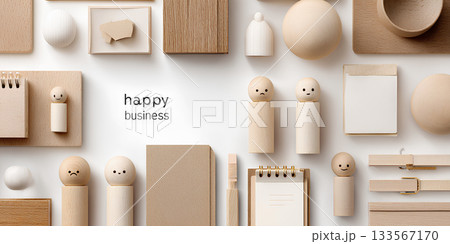 木製キャラクターの可愛いメモ帳とペンの事務用品（3D）／まみおデザイン 133567170