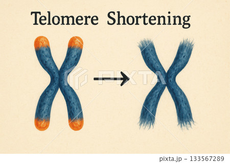 Biology diagram showing telomere shortening concept. Frayed chromosome ends illustrate DNA degradation, cellular process related to aging and senescence with protective caps 133567289