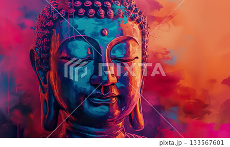 colorful vivid golden buddha face, buddhism religion concept, closeup multicolored portrait of buddha with closed eyes colorful vivid golden buddha face, buddhism religion concept, closeup multicolored portrait of buddha with closed eyes 133567601