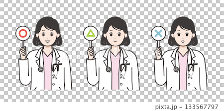 插圖描繪了一位女醫生展示正確答案、注意事項和錯誤答案。 插圖描繪了一位女醫生展示正確答案、注意事項和錯誤答案。 133567797