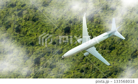 Aerial view of an airplane flying over the clouds with a lush tropical landscape. Concept of travel 133568018