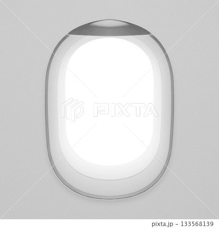 Closeup view of an airplane window with open blinds and a white background. Mockup or Copy space. Concept of travel 133568139