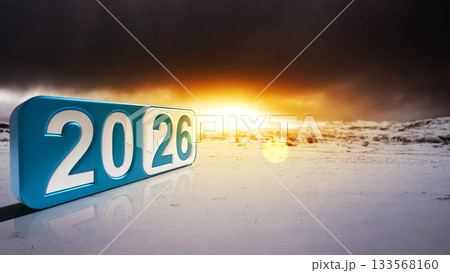 Number 2026 on a snowy field with a dramatic dawn or sunset background. Happy New Year concept or Celebration 133568160