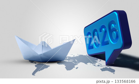 Speech bubble of the year 2026 with a paper boat and a worldwide map on a colored background. Happy New Year concept or Celebration Speech bubble of the year 2026 with a paper boat and a worldwide map on a colored background. Happy New Year concept or Celebration 133568166