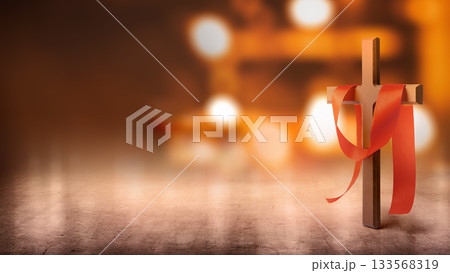 Christian cross with glitter lights and blurred bokeh lights background. Concept of Christianity, religious, faith, Jesus, or belief 133568319