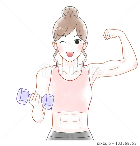 ダンベルで鍛える女性 水彩風イラスト 133568555
