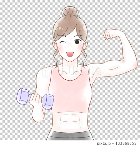 ダンベルで鍛える女性 水彩風イラスト 133568555